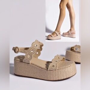 Larroude Florence Broderie Raffia Flatform Sandals